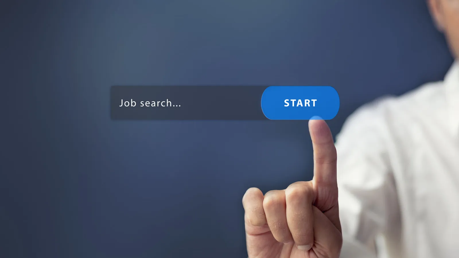 A photo of a person pointing with their first finger at an overlaid graphic of a start button and a search bar.