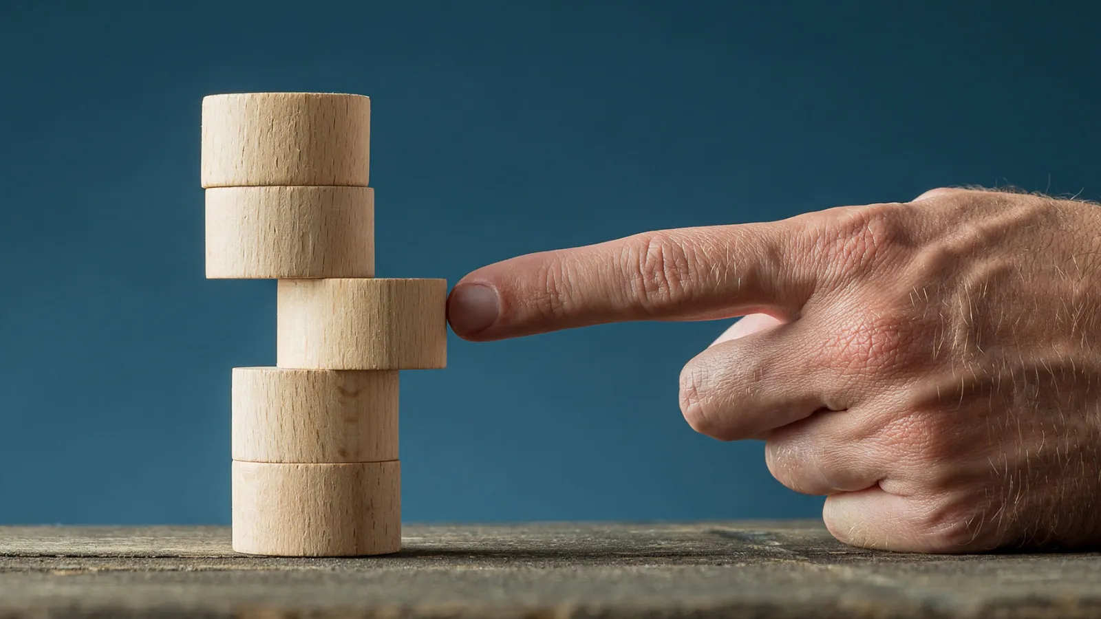 Photo of a hand pushing stack of blocks together.