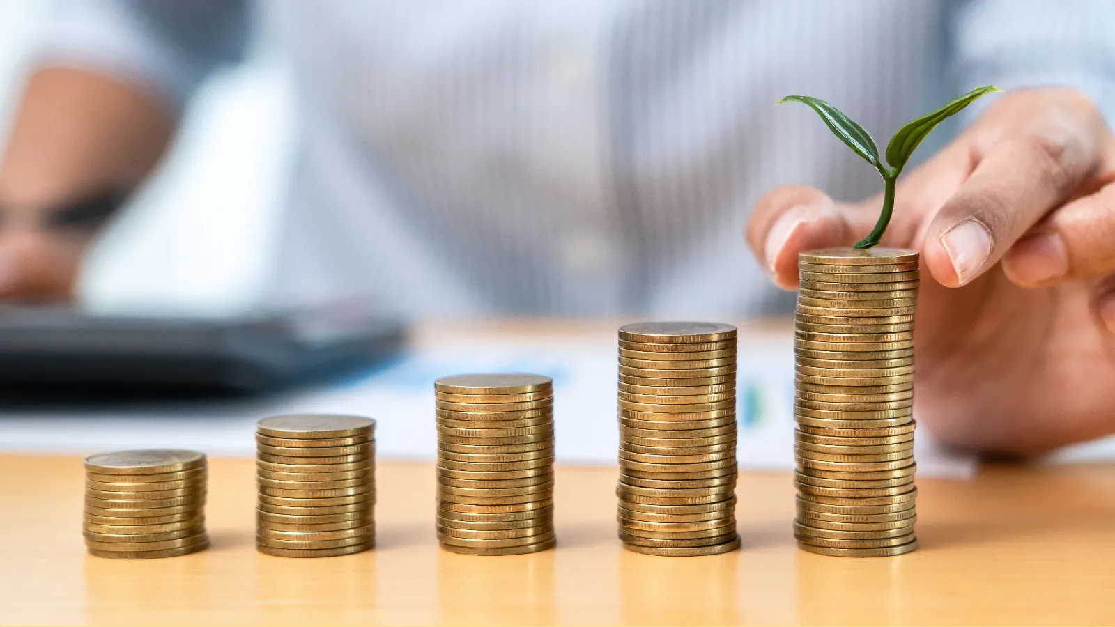 Photo of a person's hands building stacks of coins. The tallest stack has a small plant growing from it.