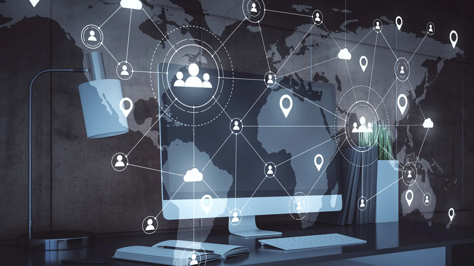 Graphic of an office set up overlaid with a world map.