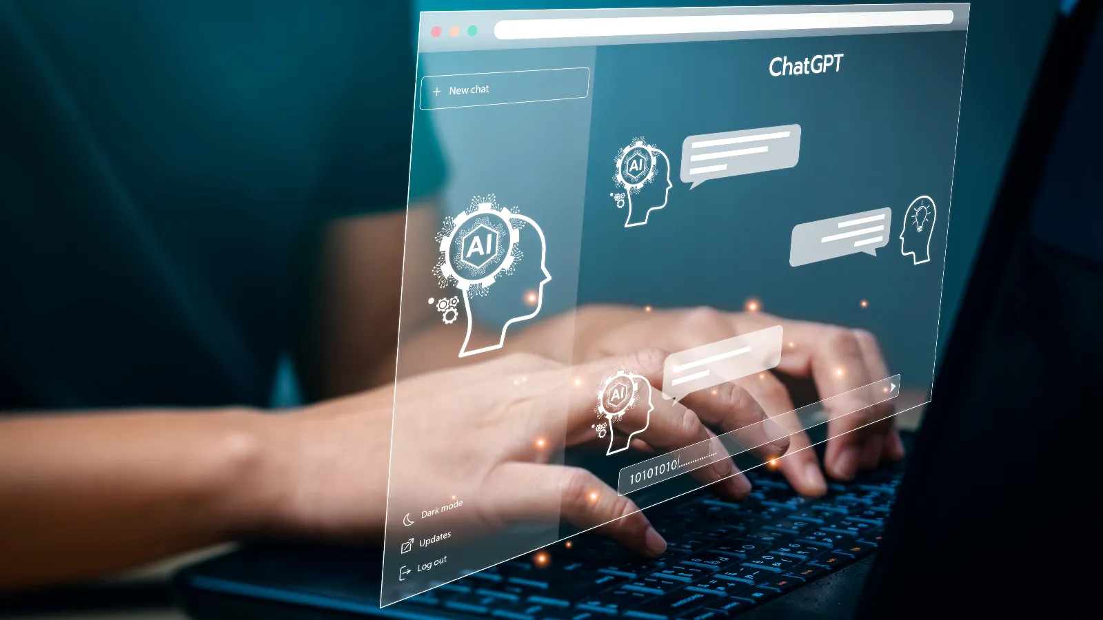 Close up of two hands typing on a laptop with a graphic overlay showing an AI chat interface.