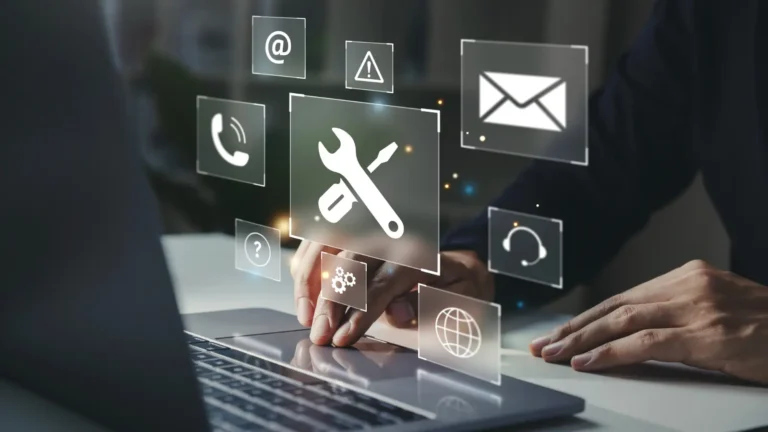 Photo of two hands typing on a laptop with graphic overlay to indicate computer automation.