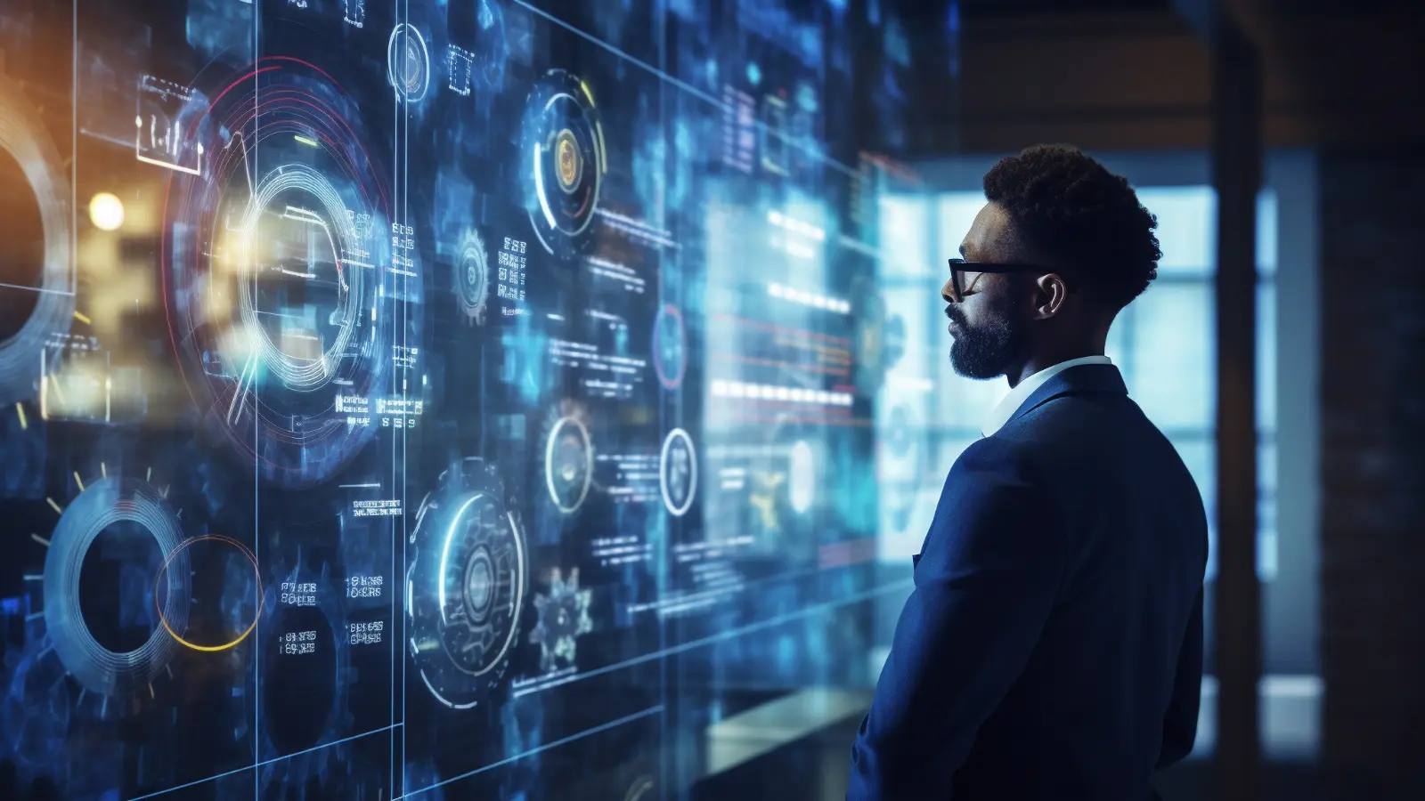 Photo of a man in a suit looking at a big screen with technology graphics projected on it.