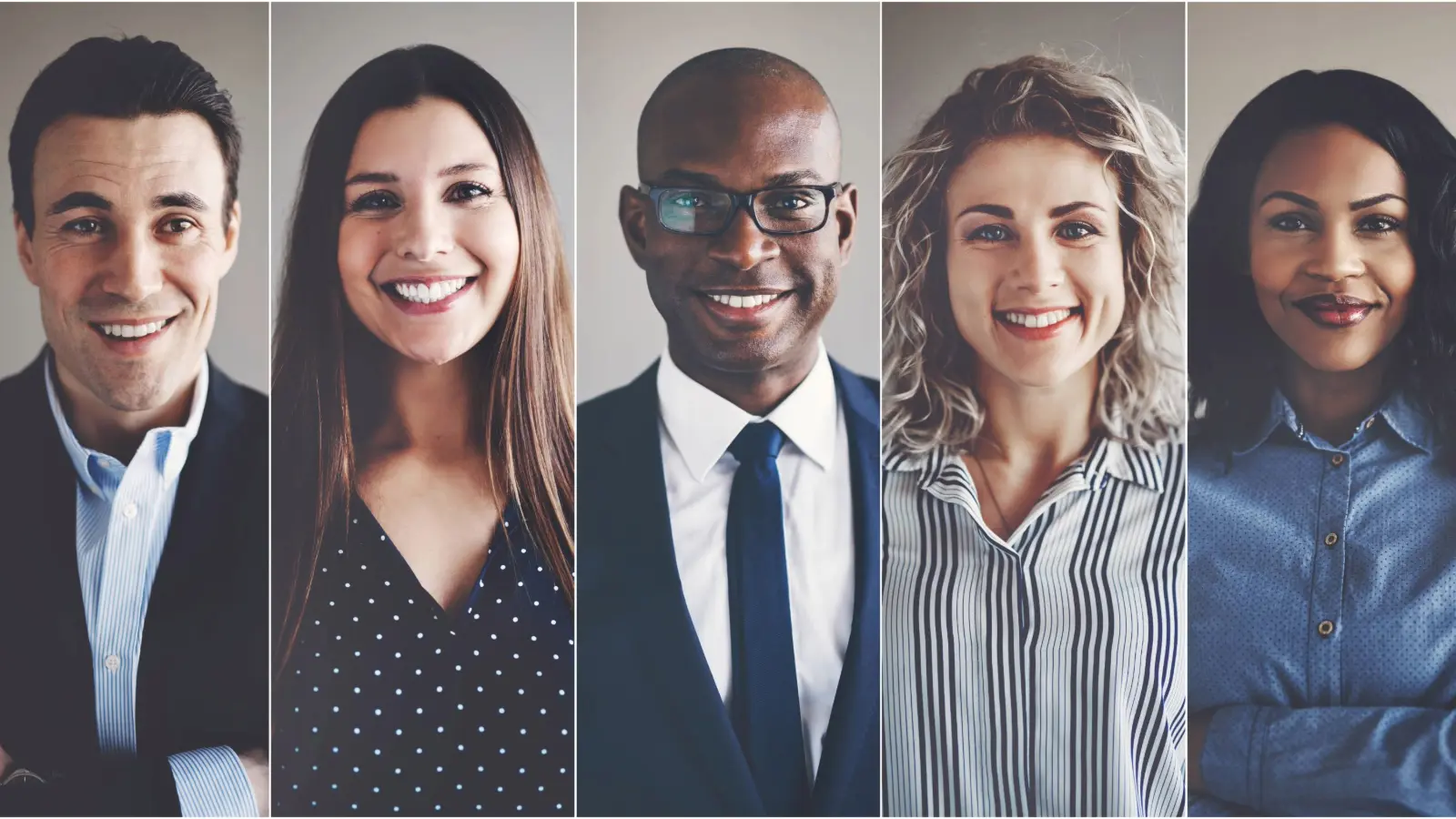 Collage photo of five different professionals of different genders and races.