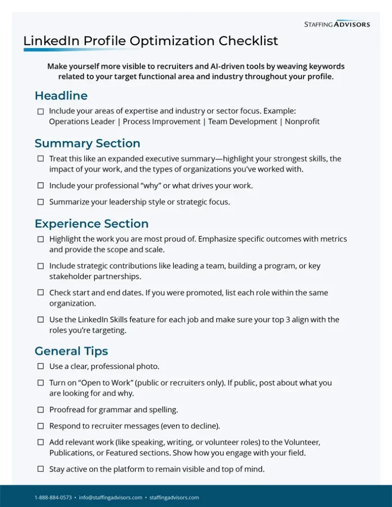 Screenshot of the Staffing Advisors LinkedIn Profile Optimization Checklist.