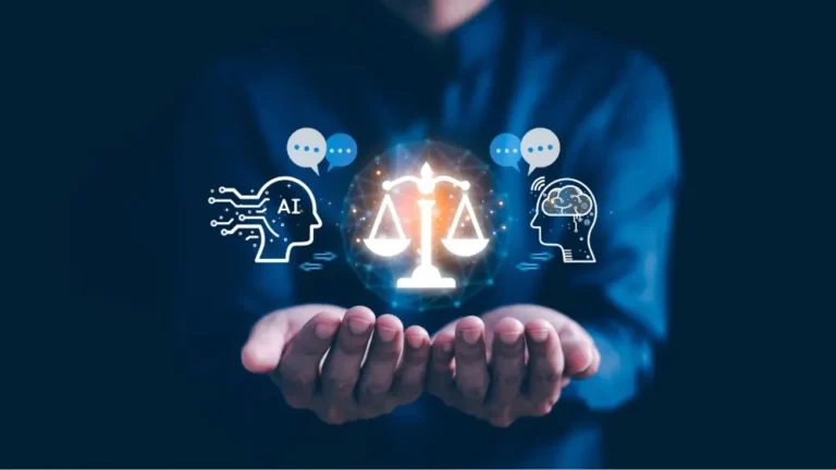 A man with his hands open like he is holding something with a graphic overlay showing symbols related to AI.