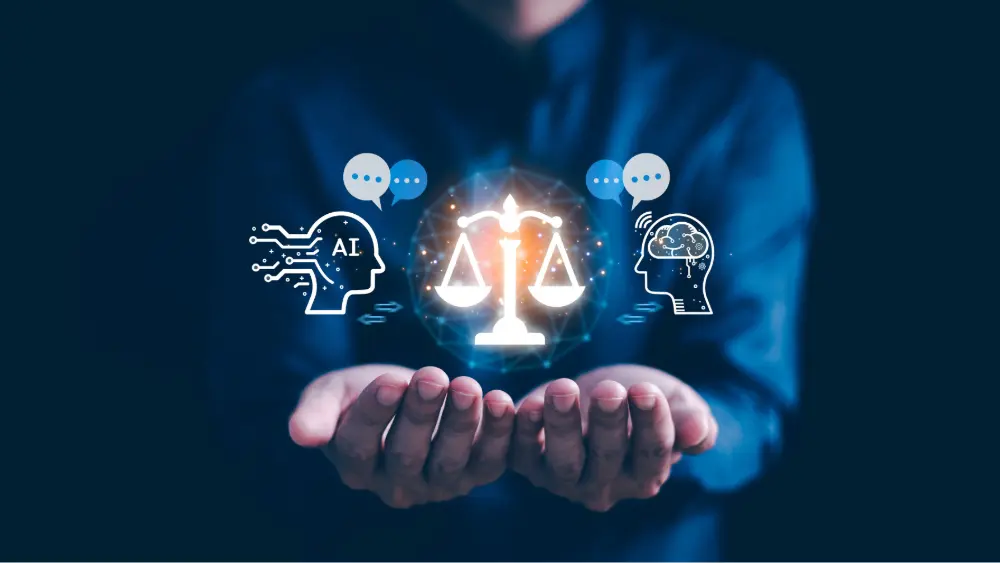 A man with his hands open like he is holding something with a graphic overlay showing symbols related to AI.