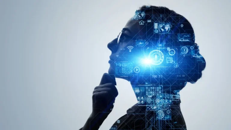 Sillhouette of a business woman's profile overlaid with graphics representing technology and innovation.