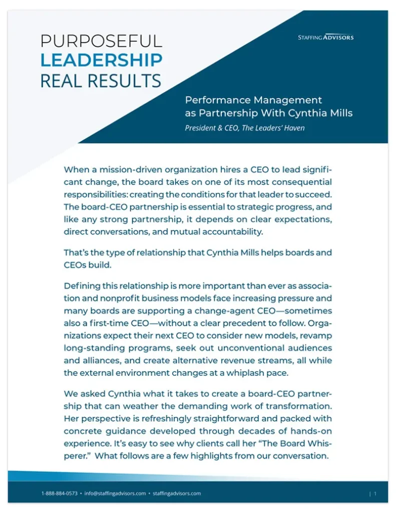 Screen shot of the first page of the article, "Performance Management as Partneship With Cynthia Mills."